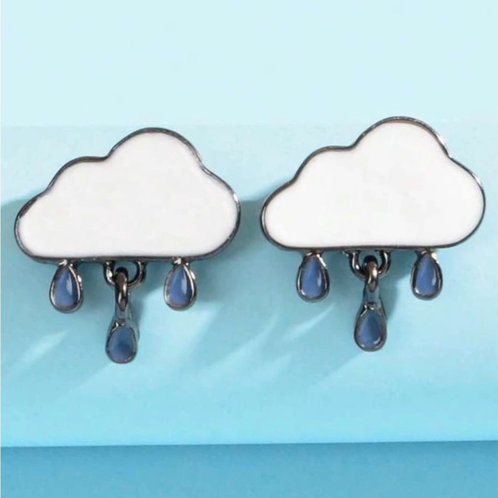 Stormy Skies- Rain Drop Cloud Blue White Enamel Dainty Mini Dangle Gunmetal Stud - Picture 5 of 14